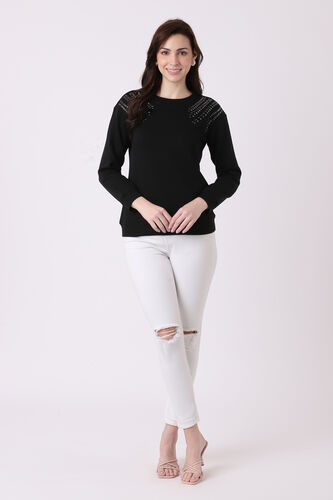 Black Solid Round Neck Top, Black, image 3